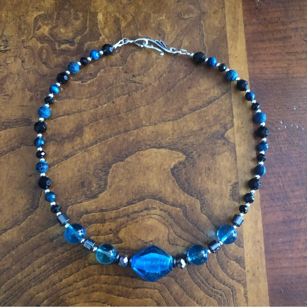 Handcrafted repurpose glass apatite agate hematite stone beaded necklace
